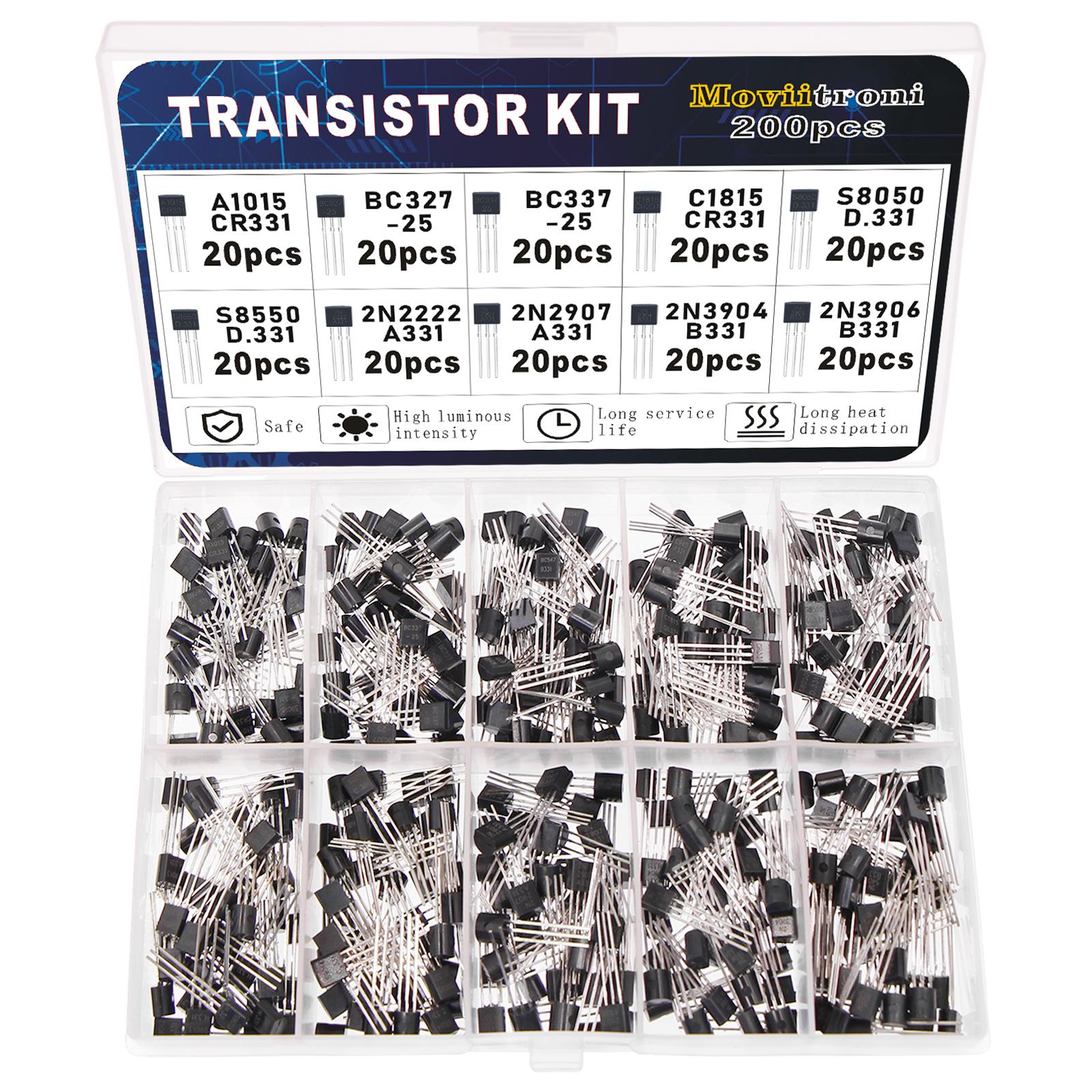 

200pcs BJT Transistor Kit Bipolar Power Transistors A1015 BC327 BC337 C1815 S8050 S8850 2N2222 2N2907 2N3904 2N3906 PNP NPN