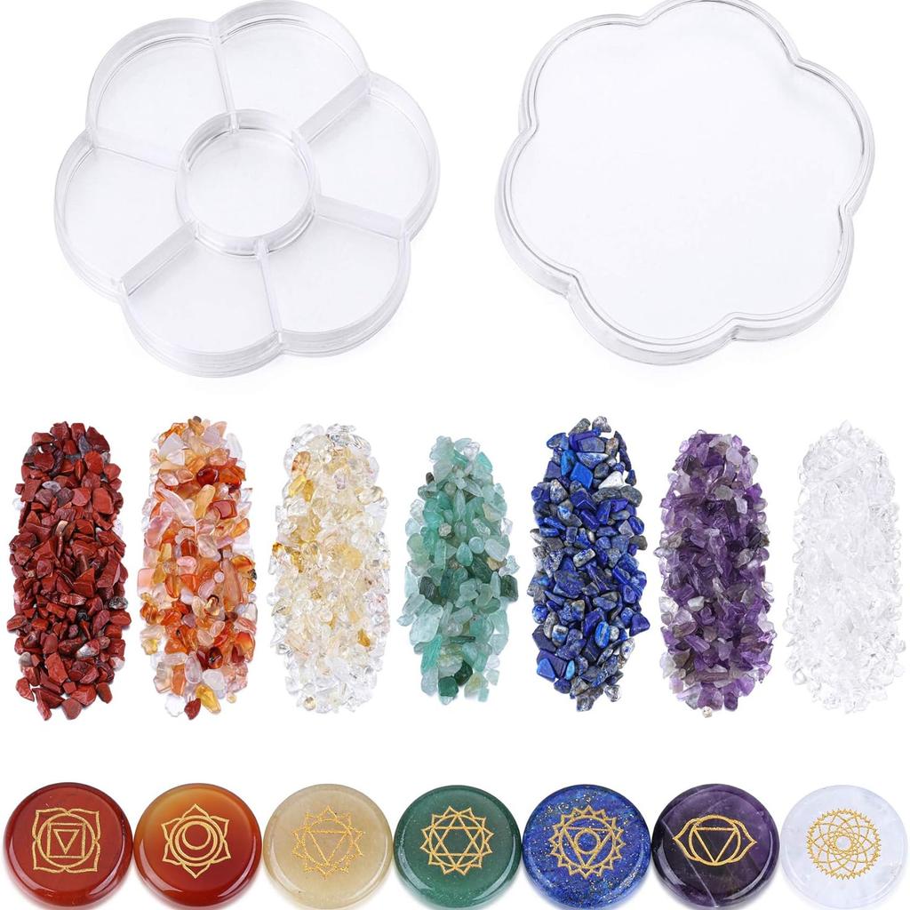 CrystalTears 7 Chakra Kristallsteine, Natürliche Reiki Heilkristalle mit eingravierten Chakra-Symbolen, Trommelpoliertes Chakra-Stein-Set