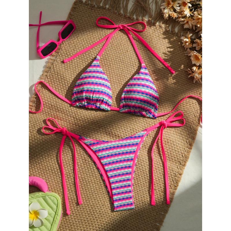 Women's Bikini Split Printed Push Up Bra Tie Side Thong Swimwear Fashion Mesh Patchwork Triangle Lace-up Thong Bathing Suits