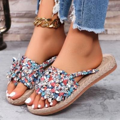 Dames Sandalen 2024 Zomer Hoge Kwaliteit Dames Pantoffels Gemengde Kleur Open Teen Gebreid Grote Casual Pantoffels Designer Sandalen