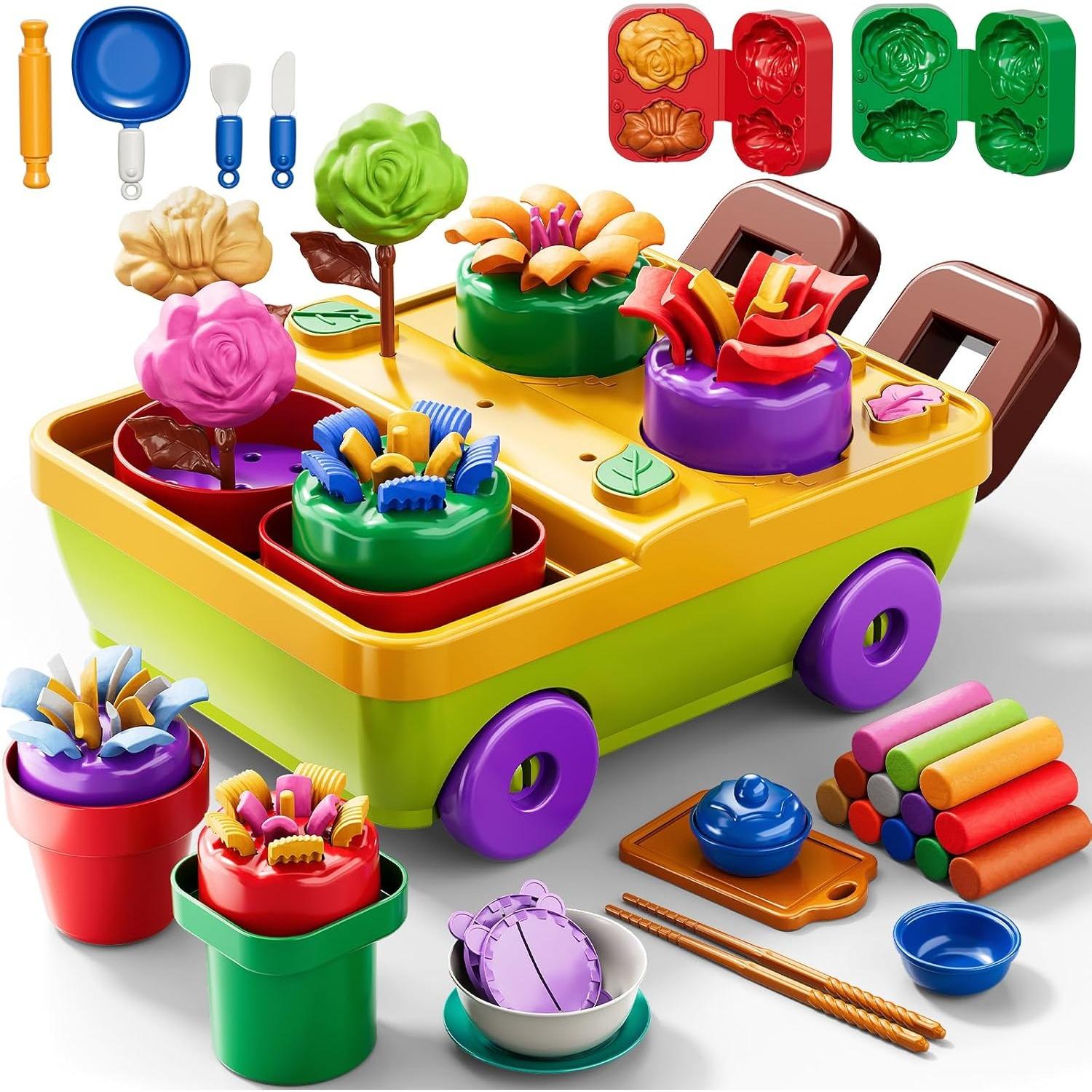 47PCS Play Clay Set Blooming Flower Garden Toy Playset for Kids 3-5, DIY Nature Kits, Pretend Kitchen Toys Accessories with Cart, Toy Dishes 47-Pack разноцветный