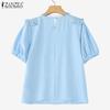 ZANZEA Women Casual Round Neck Short Sleeve Loose Crochet Patchwork Blouse