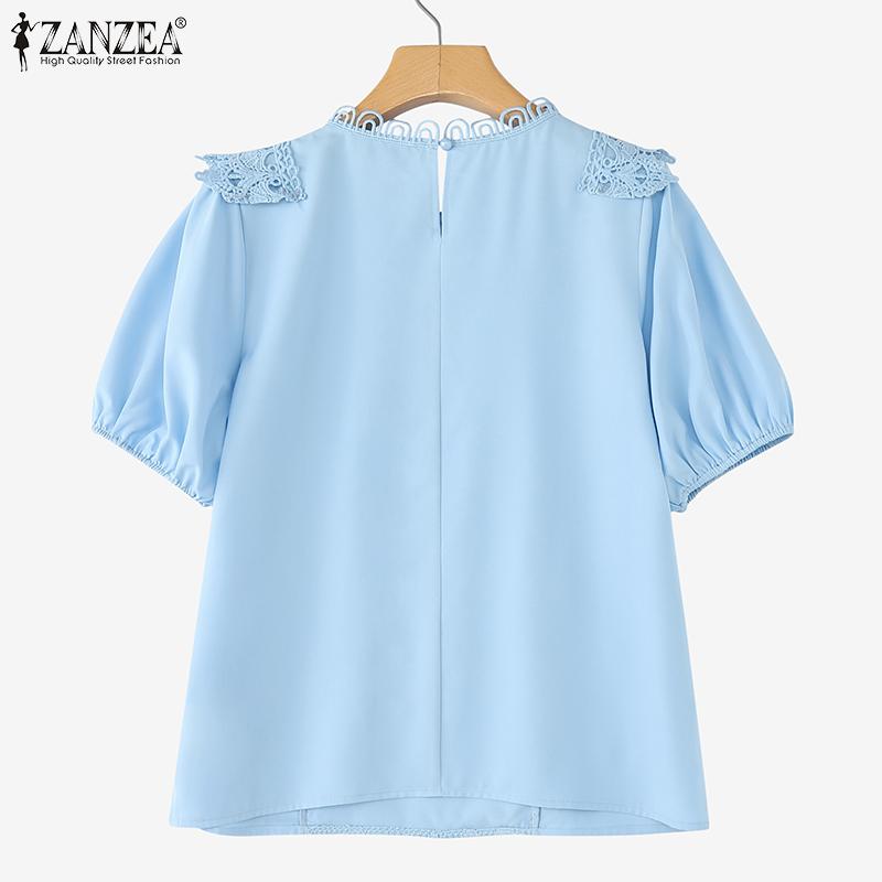 ZANZEA Women Casual Round Neck Short Sleeve Loose Crochet Patchwork Blouse