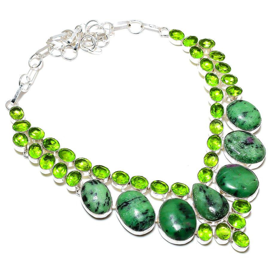 Ruby Zosite, Peridot Gemstone 925 Sterling Silver Jewelry Necklace 18" SU-9784