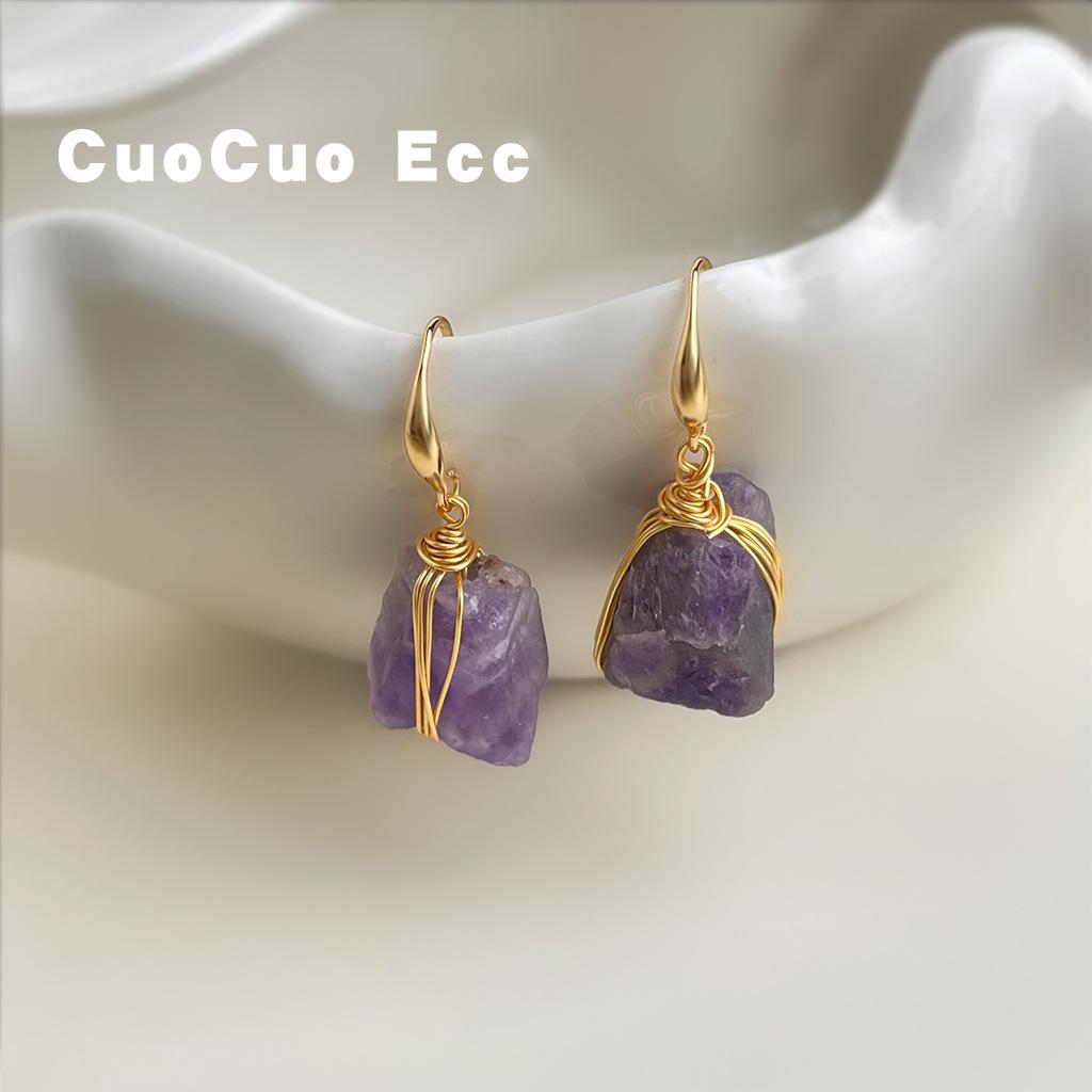 Amethyst natural stone gravel cool feeling new Guochao new Chinese handmade earrings earrings