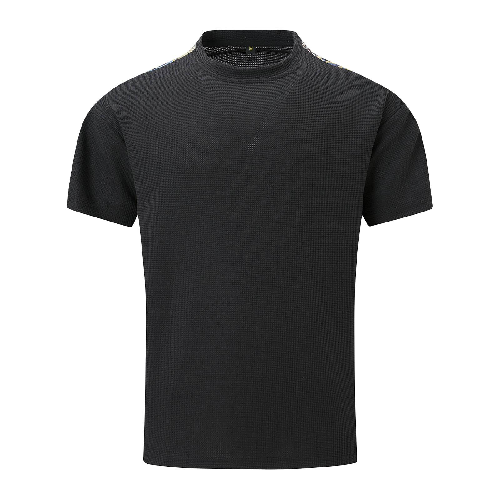 

Мужская универсальная летняя лоскутная свободная рубашка с короткими рукавами и винтовым вырезом в тон M чёрный