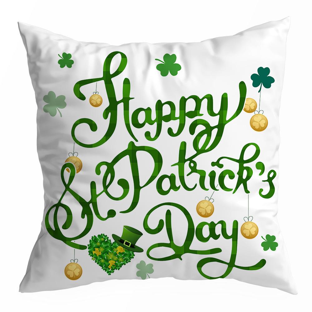 St. Patrick's Day Peach Skin Velvet Pillowcase, Green Four-leaf Clover Printed Sofa Pillow Cushion