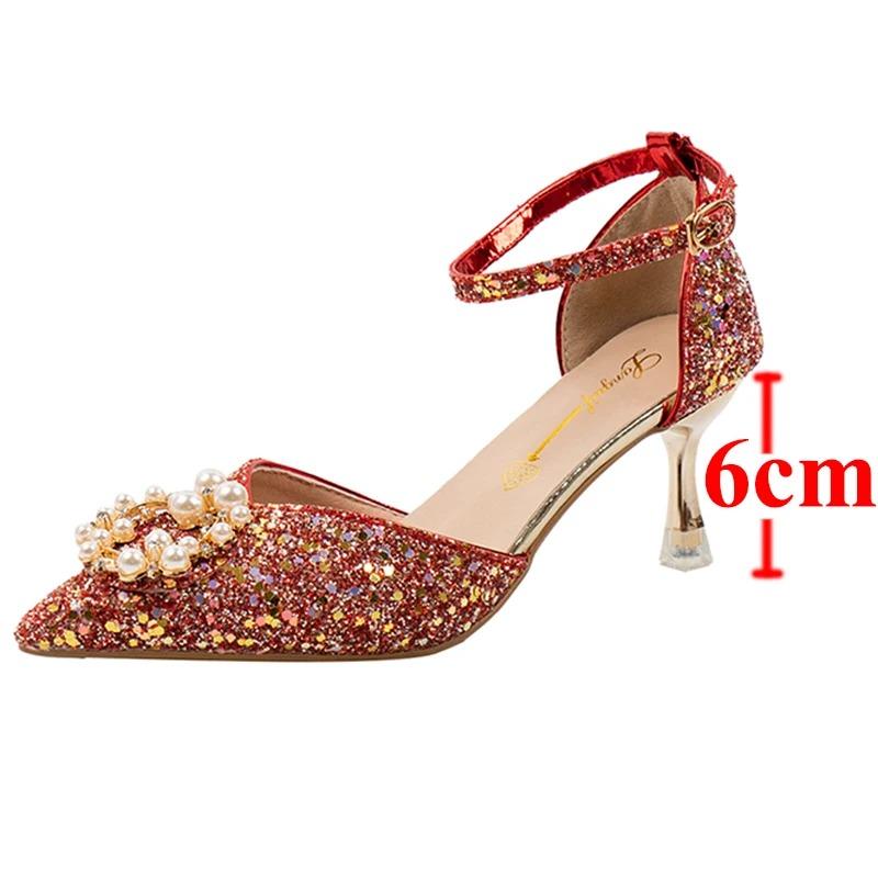 Fashion New Thin Heels Bling Glitter Pumps Women Fahsion Pearl Buckle High Heels Shoes Woman Pointed Toe Ankle Strap Wedding Party Shoes