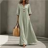 European and American Autumn Women's V-neck Seven-quarter-sleeved Holiday Cotton and Linen Blended Casual Long Dress
