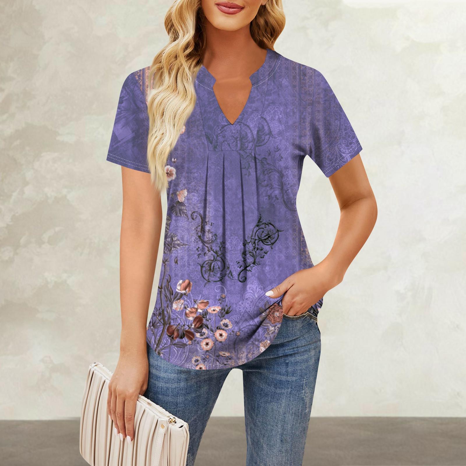 

Женская повседневная свободная футболка с коротким рукавом и v-образным вырезом на груди, плиссированная свободная футболка с принтом, топ XL фиолетовый