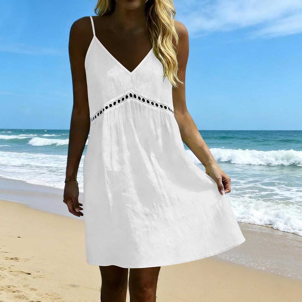 Women's Casual Spaghetti Strap V Neck Hollow Out Dress Summer Lightweight Loose Fit Sleeveless Mini Dress for Outdoor Daily Wear