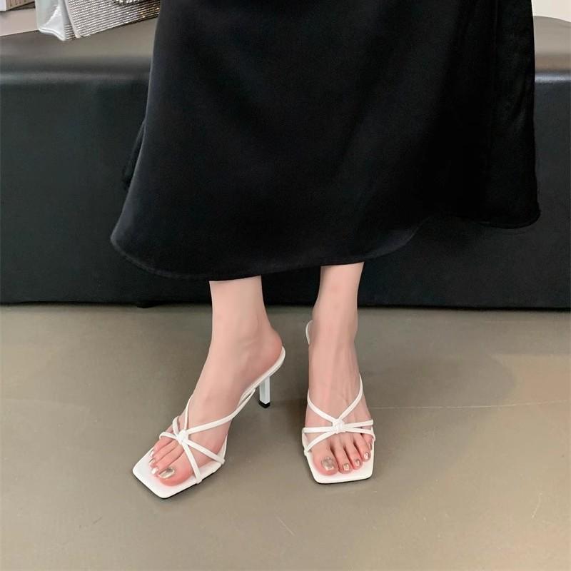 Strong push! Huge gentleness! Purple high heels women's outer wear square head crossed thin strap open-toed thin heel fairy cool slippers