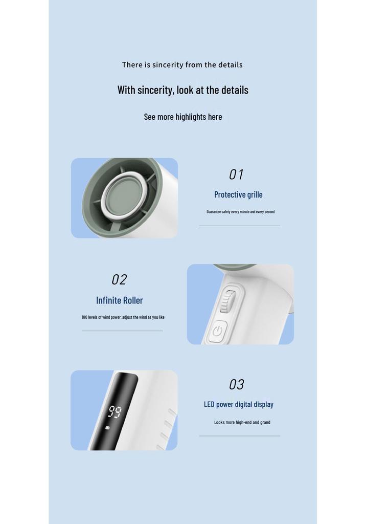 Portable USB Rechargeable Handheld Fan with 100 Speeds, Digital Display, Strong Wind, Brushless Motor