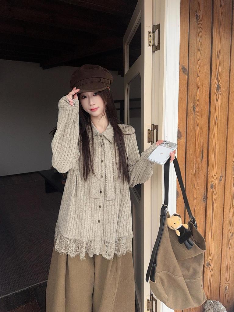 Women's Retro Lace Patchwork Knit Long Sleeve Shirt - 2026 Autumn/Winter Loose Fit