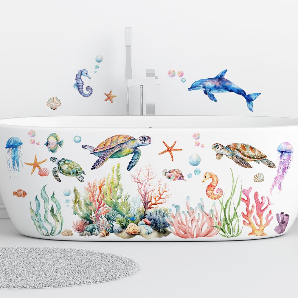 Cartoon, Watercolor Ocean, Coral, Jellyfish, Turtle, Decorative Wall Stickers, Bedroom and Bathroom Beautification, Home Decoration Stickers
