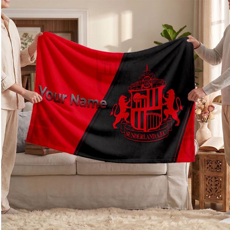 Sunderland FC Personalized Fleece Blanket With Football Logo, Custom Name Text Soft Warm Home Throw Blanket