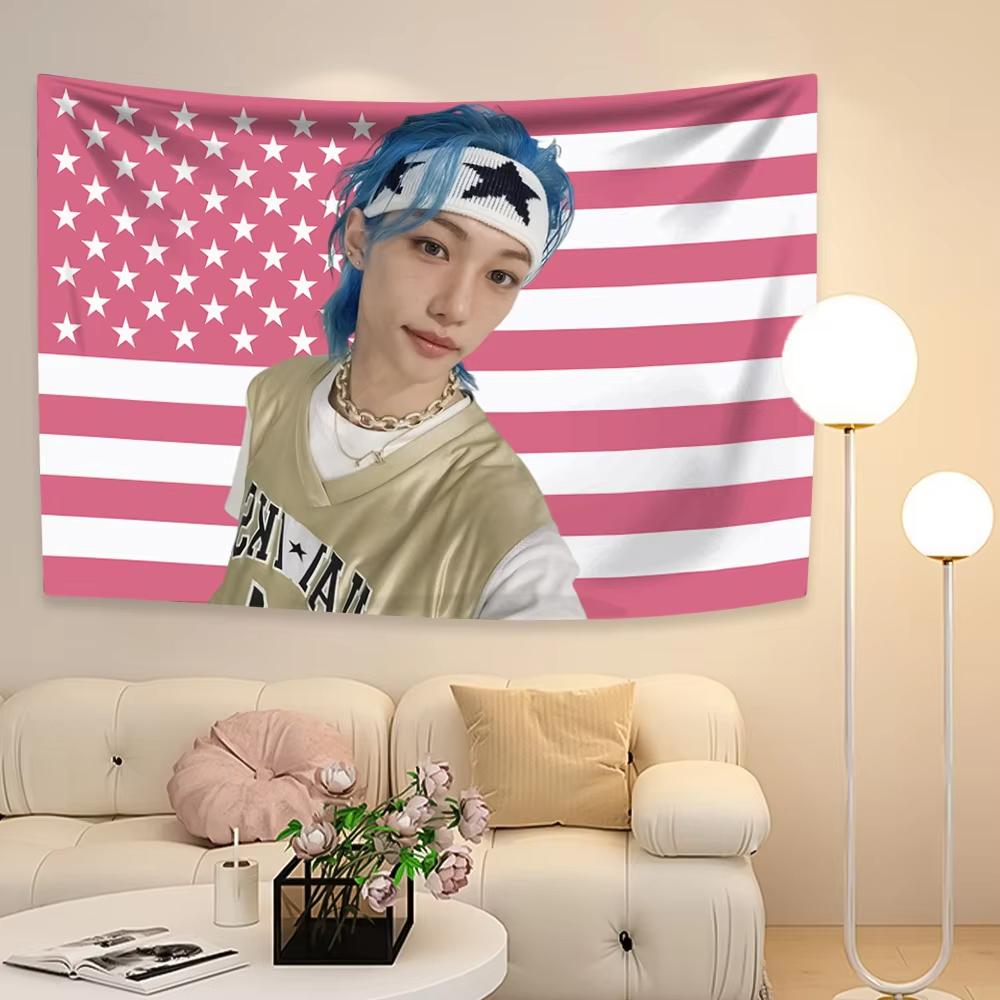 2025 Kpop Boy Group Member Felixs Tapestry American Flag Background Korean Idol Home Decor Wall Hanging Covering Concert Banner