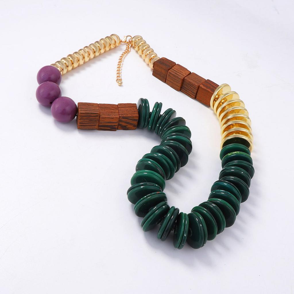 Exaggerated Casual Retro Literary Geometric Plastic Beaded CCB Wooden Square Splicing Necklace Women's Necklace