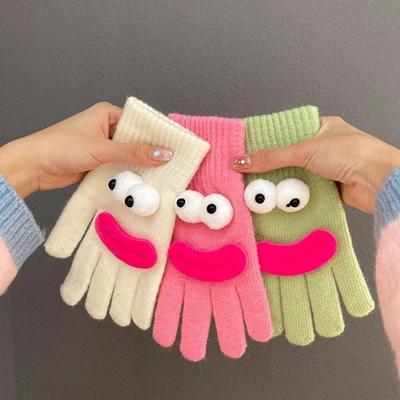 Funny Cartoon Knitted Gloves Cute Big Eyes Warm Gloves Winter Ribbed Touch Screen Gloves for Driving Commuting Cycling Daily Errands