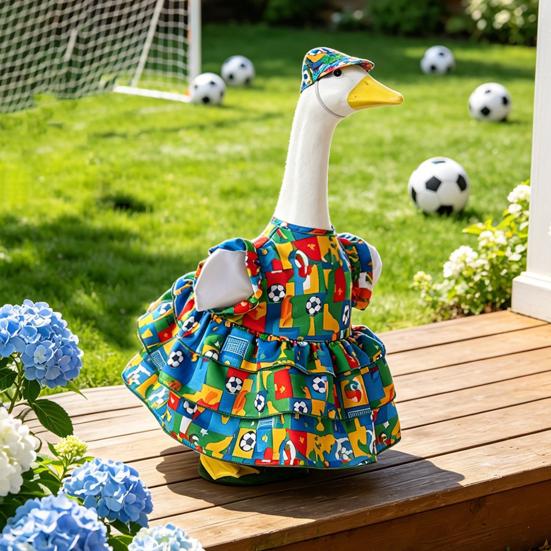 1 Set Fußball-Event Gänse-Outfit Buntes Rüschenkleid und Hut Fußball-Thema Veranda-Gänse-Kostüm für 23-Zoll-Gänsefigur Mottoparty-Dekoration