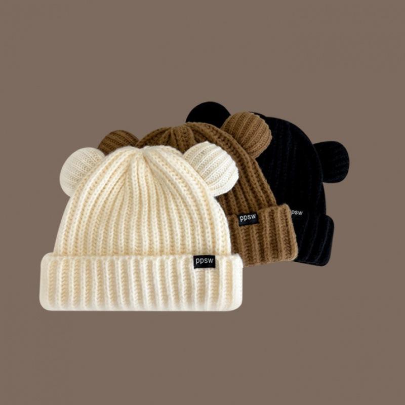 Women Chunky Bear Ear Knit Hat 2025 Korean Loose Slouchy Winter Cap Faux Fur Ears Thermal Ear Flap Beanie