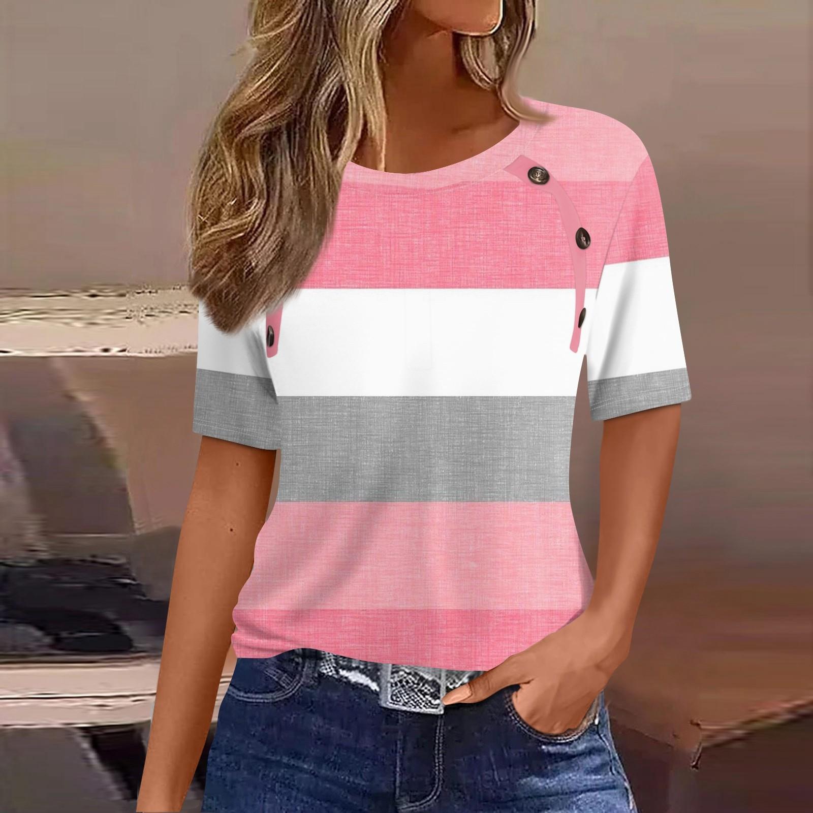 

Жен. Футболка Футболка с принтом Пуговицы С короткими рукавами Повседневные Выходные Мода Классический Круглый вырез Обычный Топ XL розовый