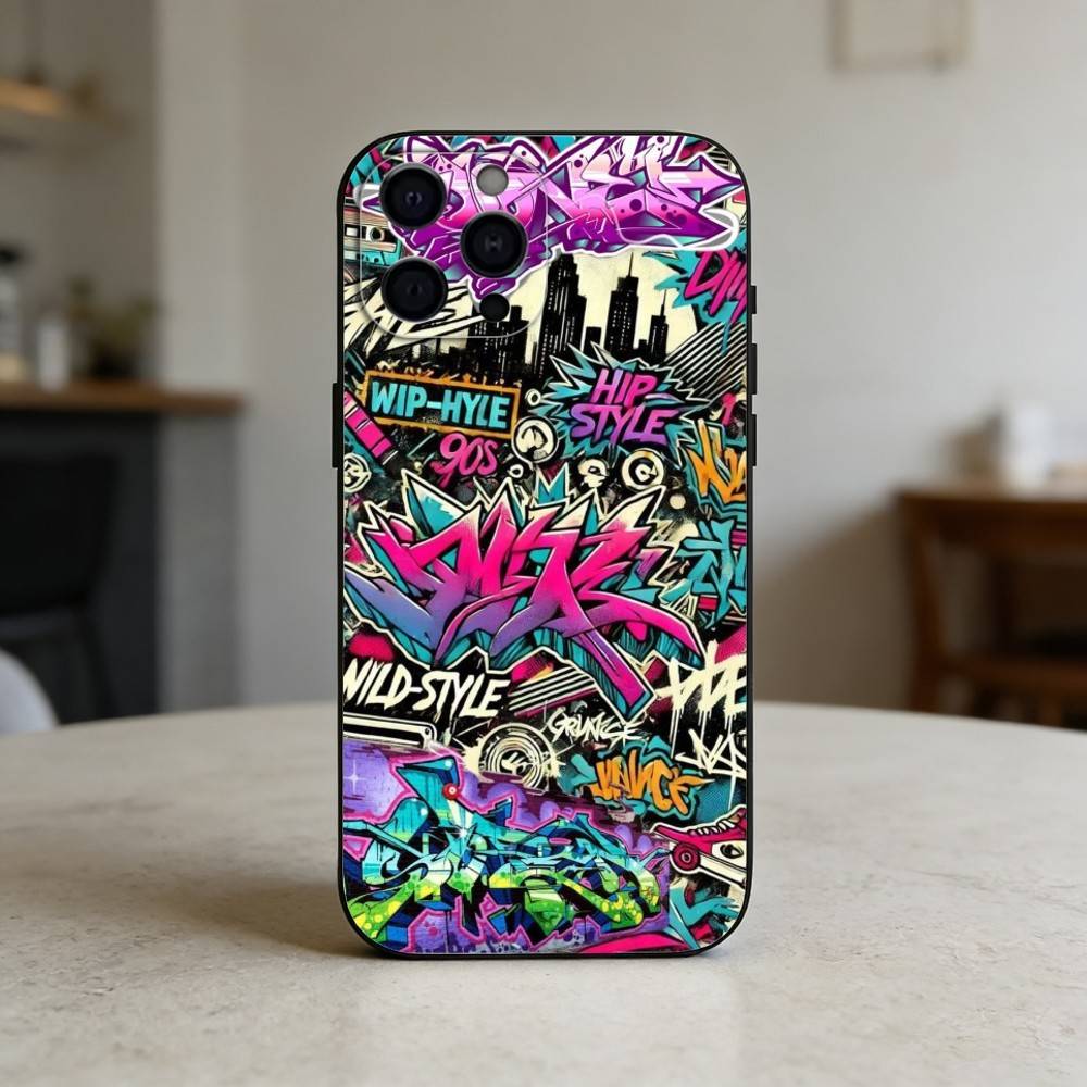 Cool C-Barevný Graffiti Kryt na Telefon Pro iPhone 17,16,15,14,13,12,11 Plus,Pro,Max,Mini Silikonový černý Měkký Kryt