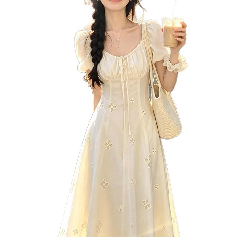 Fairy French heavy industry hollow embroidery beige embroidery dress women's summer bubble sleeves gentle white moonlight long dress