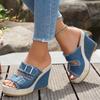 Keilabsatz Plateau Damen Sandalen Sommer Strohgeflecht Dicke Sohle Denim Hausschuhe Lässige Doppelschnallen Riemen Sandalen Damen