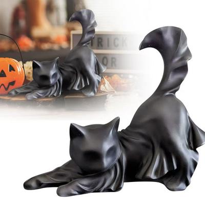 Yousheng Black Ghost Cat Statue Resin Halloween Ghost Cat Figurine Gothic Feline Sculpture for Home Mantel Cabinet Decoration