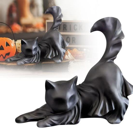 Yousheng Black Ghost Cat Statue Resin Halloween Ghost Cat Figurine Gothic Feline Sculpture for Home Mantel Cabinet Decoration