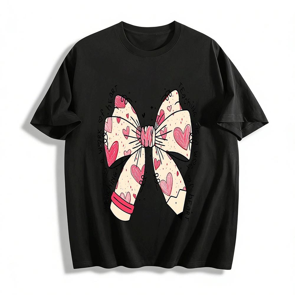 Teaching Is A Work Of Heart Pencil Bow Print Teacher Appreciation Top Pure cotton T-shirt XXS