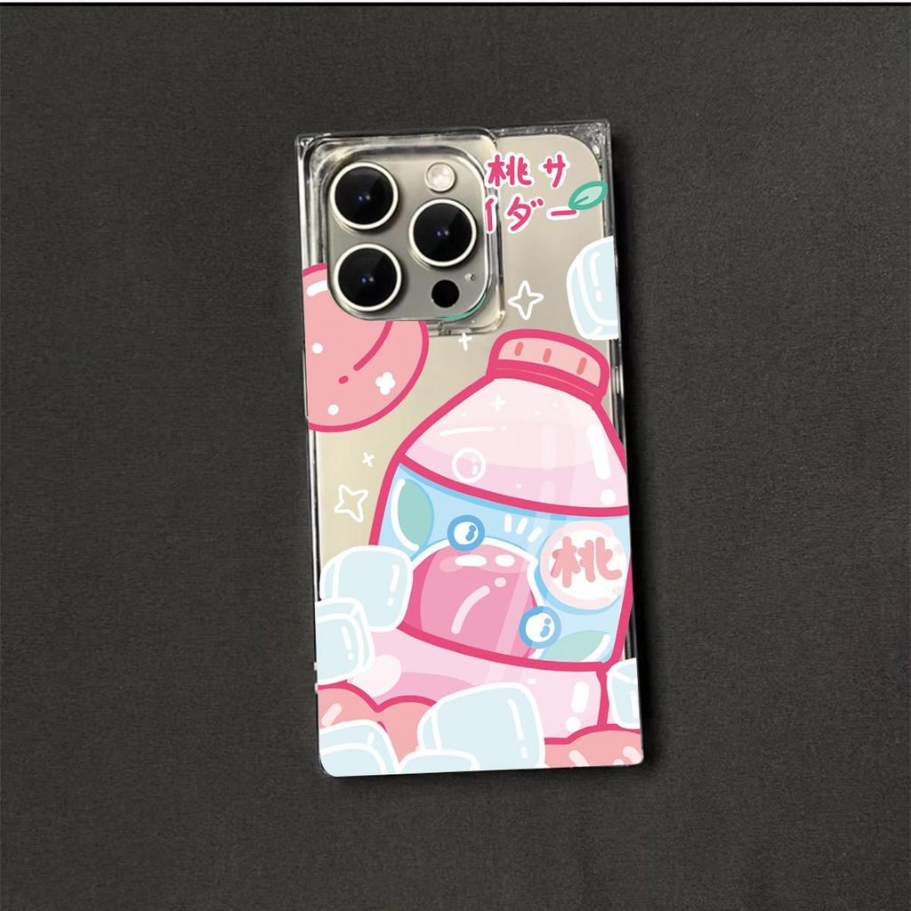Square Back Tube Protection Clear Case For iPhone 14 Pro Max 16 ProMax 15 Plus 11 12 13 Anti-Oxygen,Peach Beverage Pattern Casing