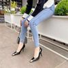 Black patent leather large size high heels women's shoes light mouth thin middle heel metal square head single shoes new