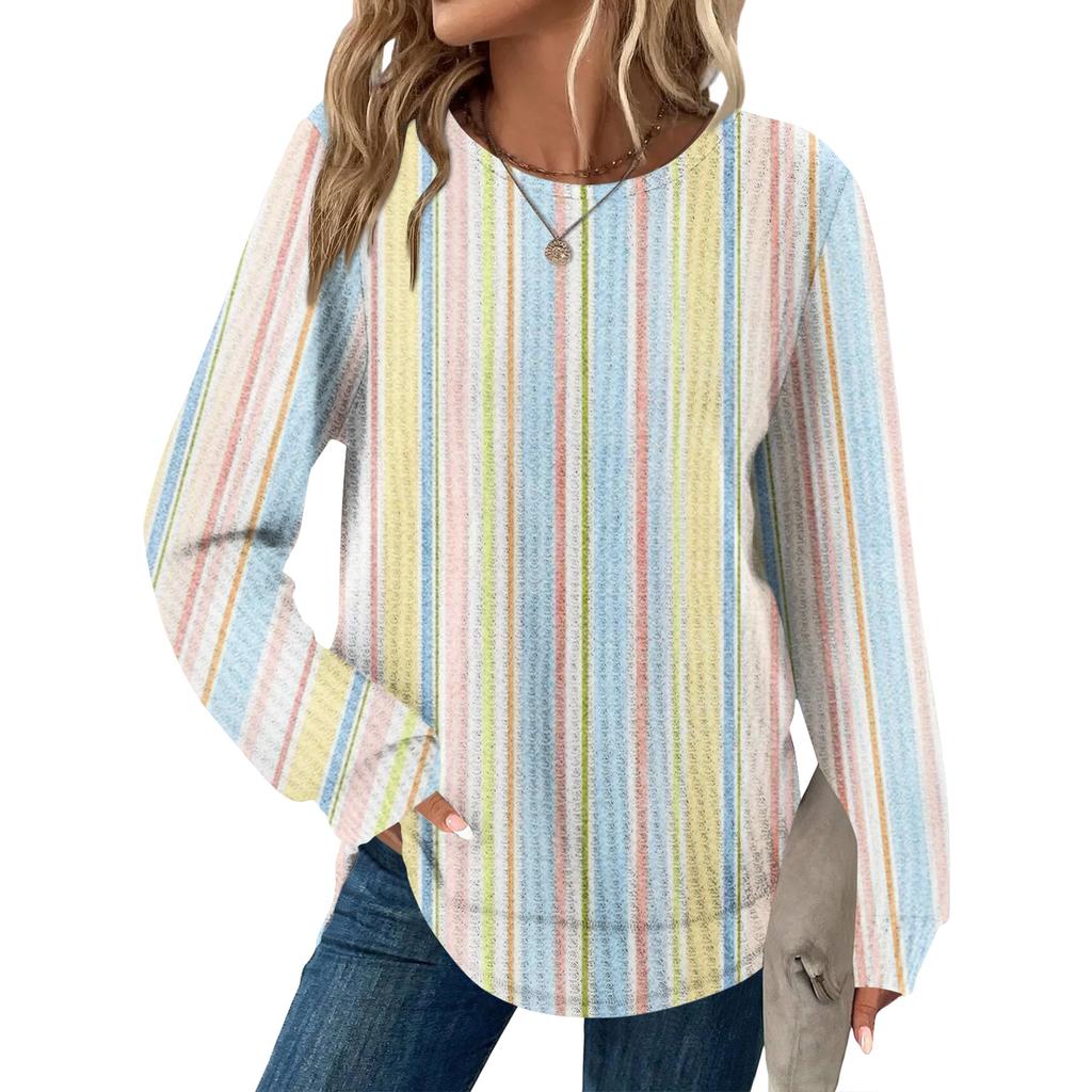 Women's Striped Print Round Neck Long Sleeve Loose Casual Top