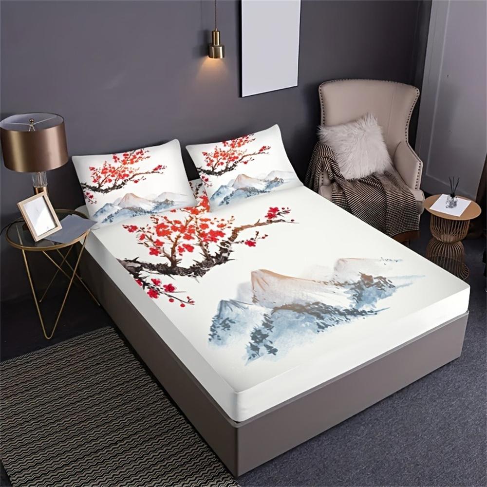Chinese Style Fitted Sheet Set Ink Painting Plum Mountains Print Mattress Covers Soft Breathable Bedding Set With Deep Pocket