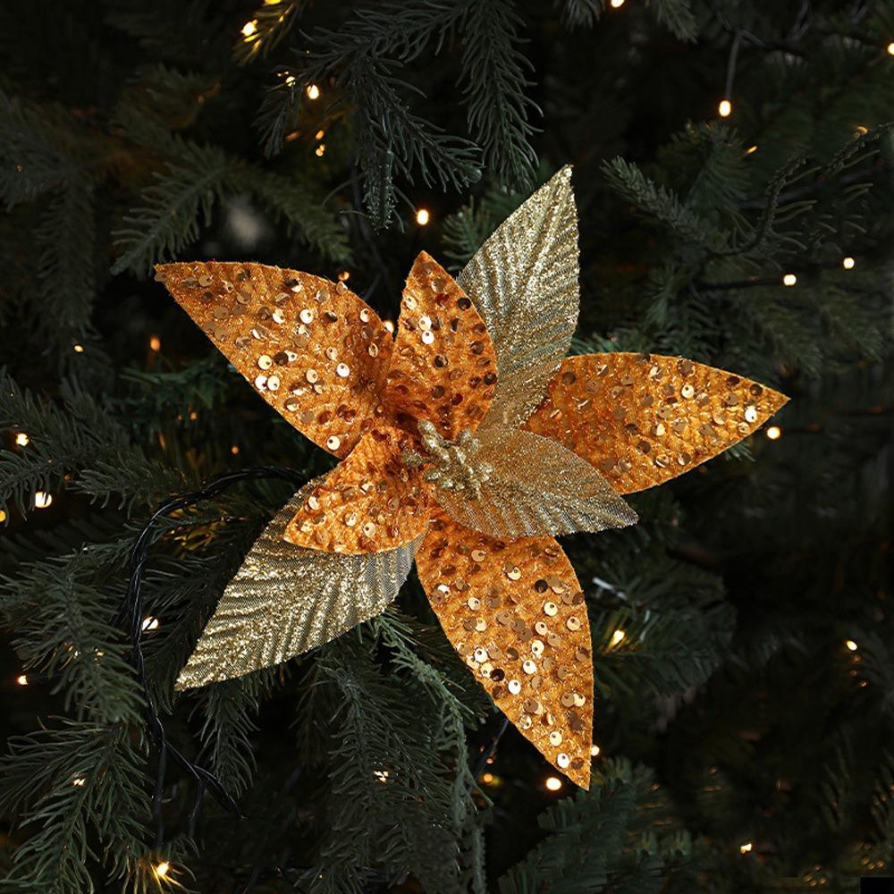 Sequin Mesh Christmas Artificial Flowers 25cm Poinsettia Flower  Festive Decoration