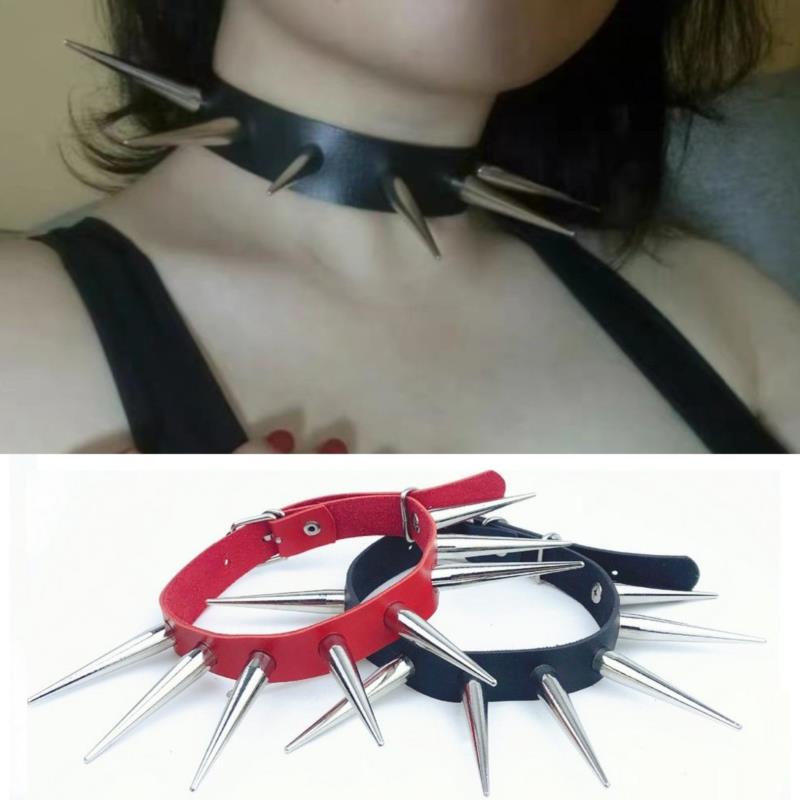 Long Spike Choker Punk Faux Leather Collar Cool Big Rivets Necklace Accessories