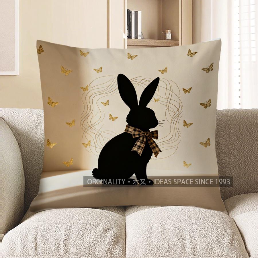2D Black Rabbit With Butterflies Decorative Pillow Pattern Cushion Cover Suitable For Sofa Bedroom Car Pillow Cover