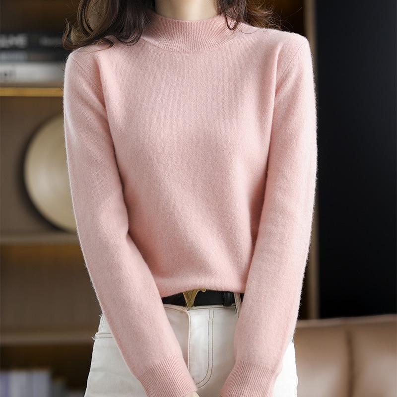 Women's Autumn Winter Short Pullover Solid Color Loose Half-High Neck Knit Base Layer Sweater