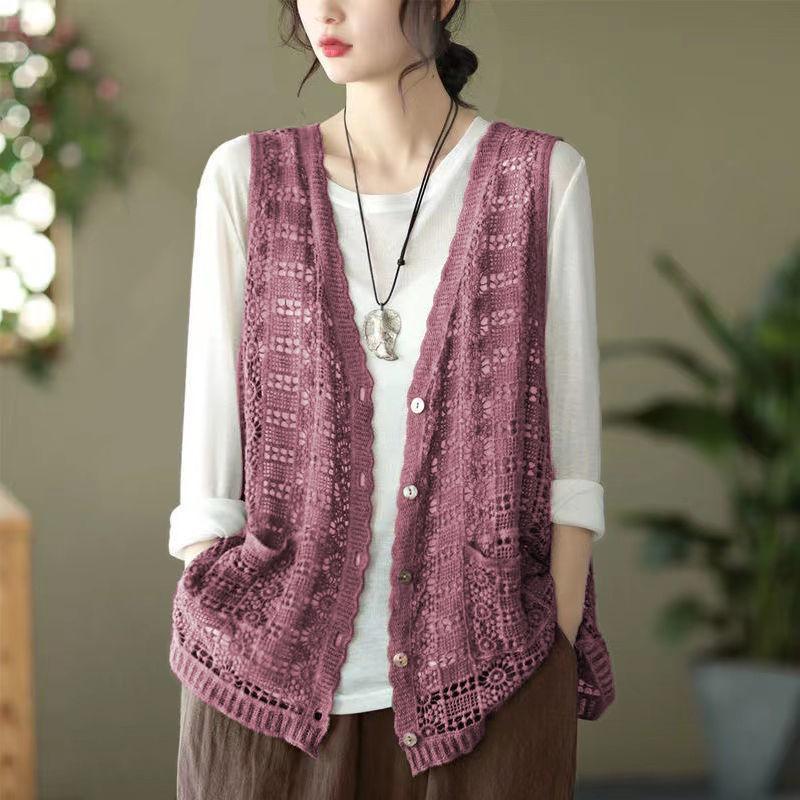 Ethnic Style Women's Cotton Hollow Vest Single-breasted Thin Lace Vest Summer Loose Cardigan Vest Outwear
