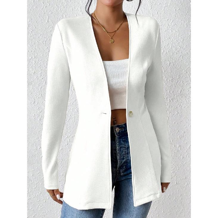 2026 New Korean Style Fashionable Elegant V-Neck Single-Button Solid Color Long-Sleeve Blazer S белый