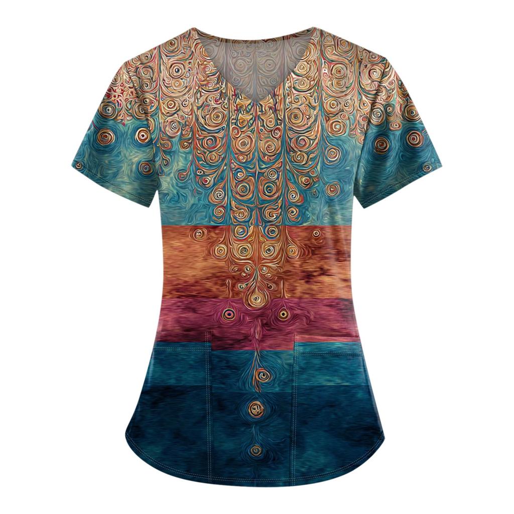 Plus Size Printed Scrub Working Uniform Tops For Women's V-Neck Print Short Sleeve Fun T-Shirts Workwear Tee With Pockets