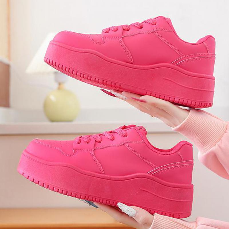 Fashion Autumn Leather Pink Platform Sneakers Thick Sole Chunky Shoes Women 2024 Slip On Lace-up Fashion Casual Outdoors Walking Shoes