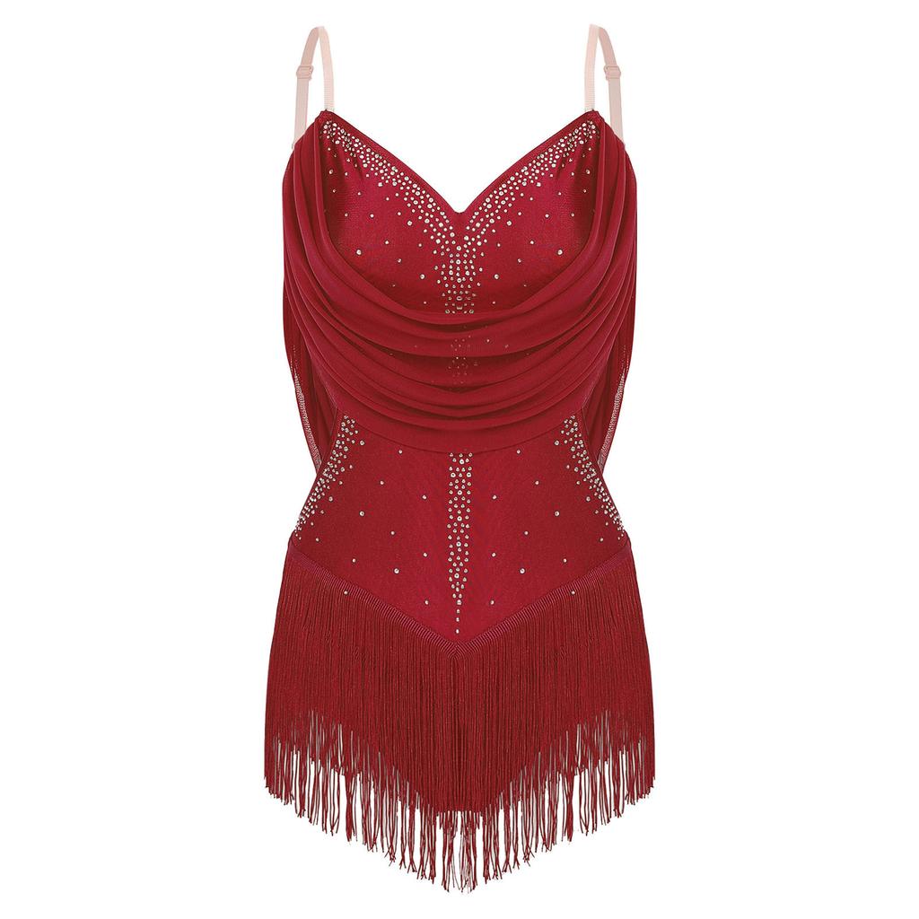 Womens Dance Leotard Ruched Mesh Drapes Glittery Rhinestones Adjustable Straps Cutout Fringe Bodysuit Performance Wear