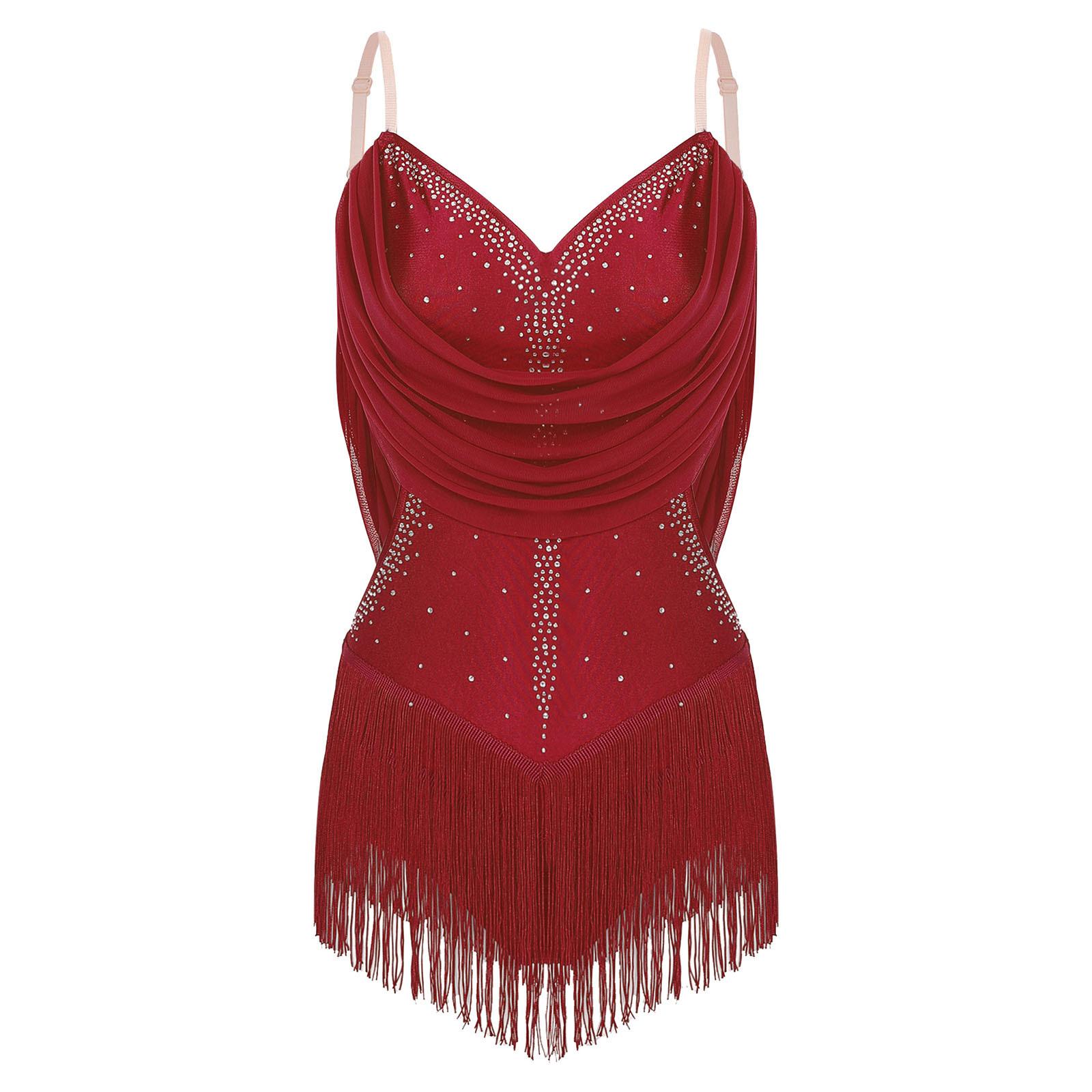 

Жіночий леотар для танців з драпіруванням з сітки, китицями - Блискучі стрази, регульовані бретелі, вирізи, бахрома XS бордовий