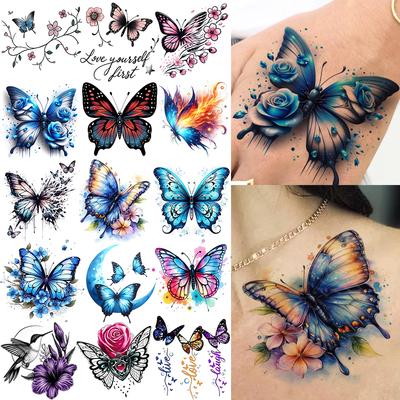 1 Sheet Butterfly Temporary Tattoos For Women Hands Clavicle Neck, Fake Tattoo Stickers Waterproof Long Lasting Realistic Tatoos