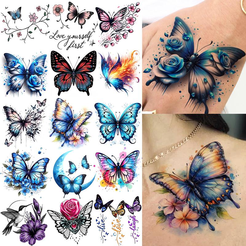 1 Sheet Butterfly Temporary Tattoos For Women Hands Clavicle Neck, Fake Tattoo Stickers Waterproof Long Lasting Realistic Tatoos