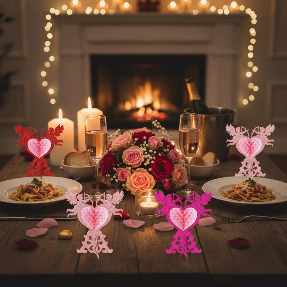 4 Stück Glänzende Oberfläche Herz Wabenornamente Rote Farbe Wabendesign 3D Tischornament Handgefertigt Dreidimensionale Form