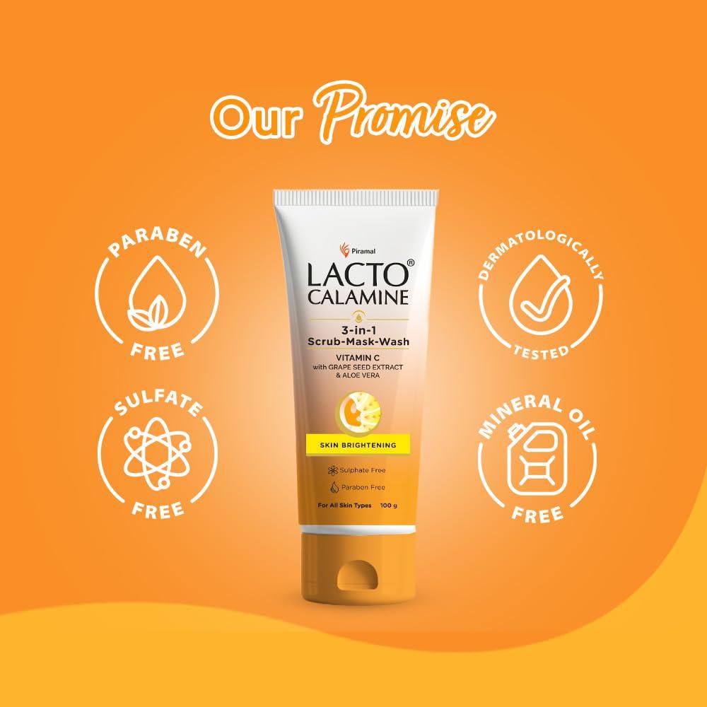 Lacto Calamine 3-in-1 Vitamin C Face Scrub Mask Wash 100ml Pack of 1 for Skin Brightening Glow